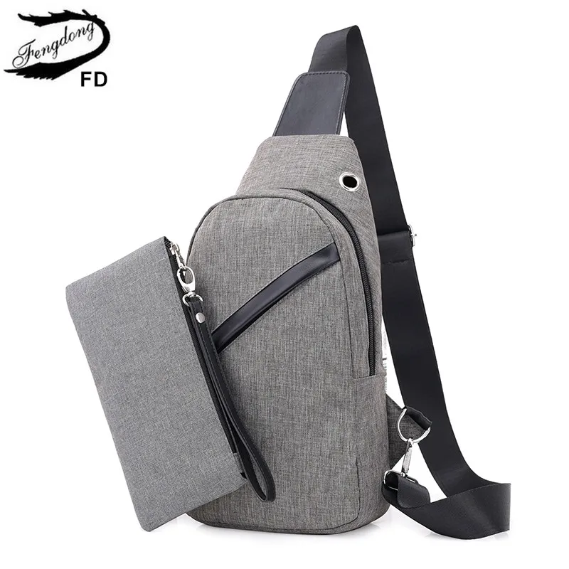 Pure Grey Школьный рюкзак FengDong 2 шт./компл. одного плеча слинга Грудь мешок usb зарядка сумка-мессенджер для мужчин, мужской клатч, водонепроницаемый, рюкзак для путешествий, сумка через плечо - Цвет: Pure Grey