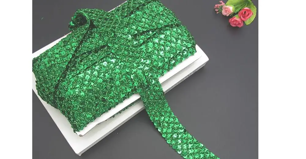3cm green 14 ярдов DIY Золото Серебро Красный блесток Лента отделка ткань для латинских танцев платье костюм украшения Швейные принадлежности кружево с блестками - Цвет: 3cm green