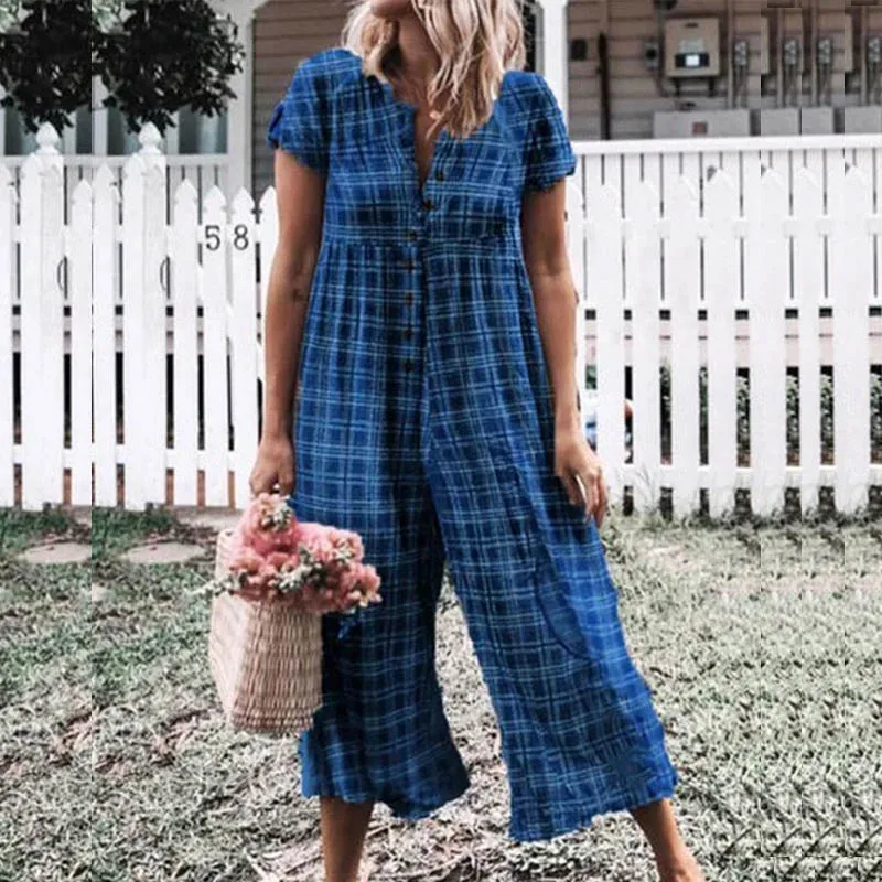 3XL Women Button Wide Leg Jumpsuit Summer V Neck Short Sleeve Linen Rompers Plaid Print Loose Overalls Playsuit | Женская одежда