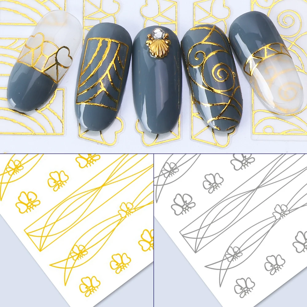 Волнистые линии Стикеры 3D на ногти Nail Art полосы металлический провод слайдер декор для ногтей наклейка золото серебро полосы Стикеры Клей LASTZG14-20