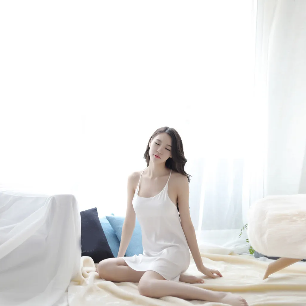 Пижамные комплекты женские пикантные атласная ночная рубашка сплошной подол в