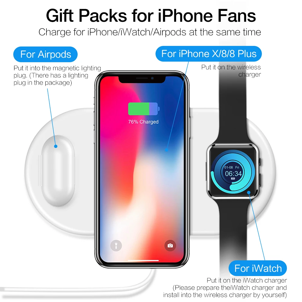 Беспроводное зарядное устройство RAXFLY 3 в 1 QI для iPhone X XR XS Max беспроводное Apple Watch