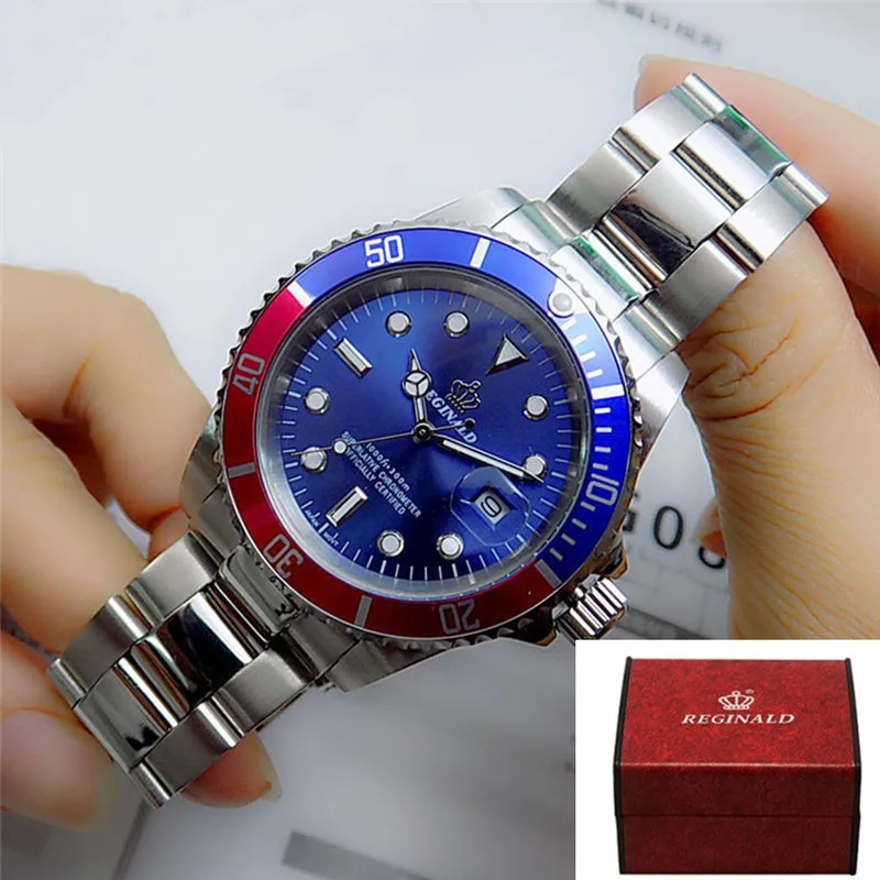 Blue red blue box Мужские кварцевые часы REGINALD Crown, деловые повседневные мужские часы со стальным календарем, японские водонепроницаемые кварцевые наручные часы с календарем - Цвет: Blue red blue box