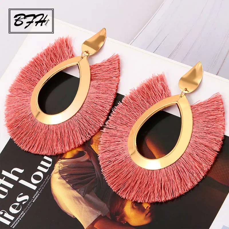 Pink BFH Bohemian Big Drop Earrings for Women Lady Female Fringe Handmade Brincos Large Fashion Woman Tassel Earring Jewelry - Окраска металла: Pink
