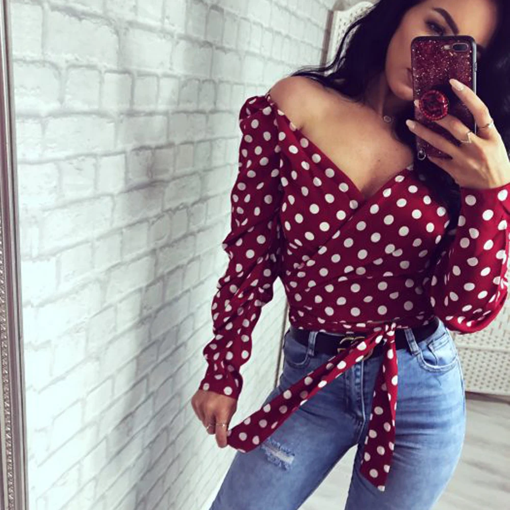 

Women Boho V Neck Polka Dot Long Sleeve Loose T-shirt Summer Casual Top Blouse