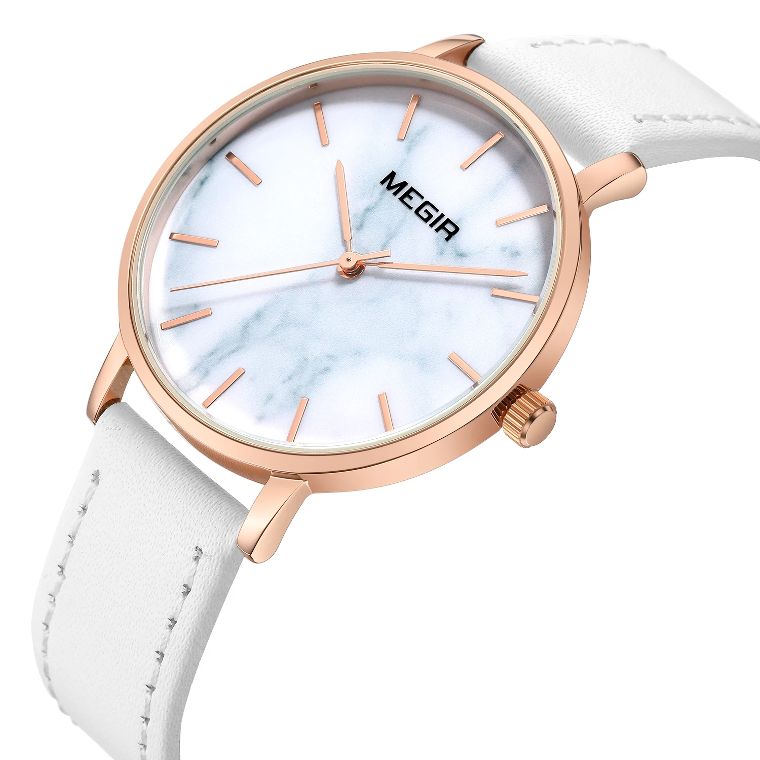 

Fashion Megir Top Brand Minimalist Women Watches Quartz Clock White Leather Strap Marble Simple Design Ladies Luxury Wristwatch