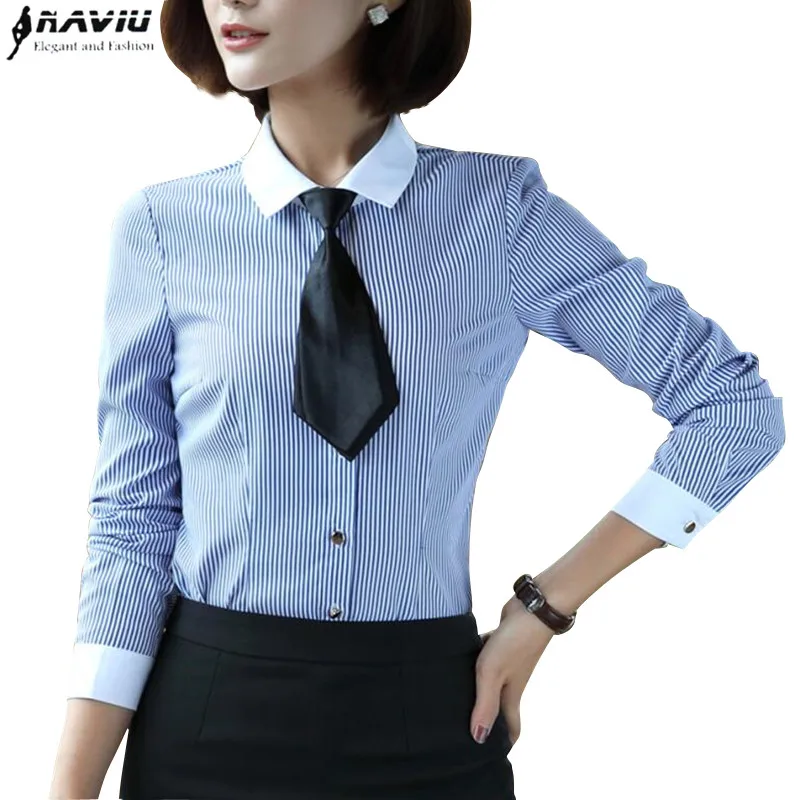 ربيع الموضة كم طويل القطن المرأة بلوزة أنيقة رسمية الأزرق شريط التعادل قميص ضئيلة مكتب السيدات ملابس العمل القمم