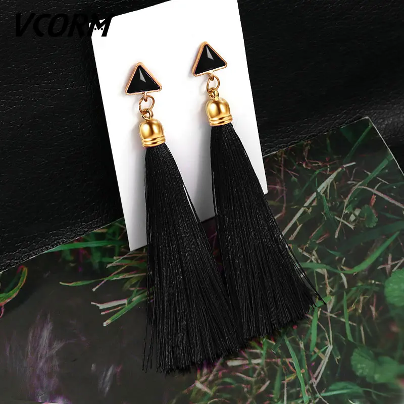 Black VCORM, богемные серьги с кисточками и кристаллами, длинные висячие серьги для женщин, красный хлопок, шелк, ткань, бахрома, серьги, Модные женские ювелирные изделия - Окраска металла: Black