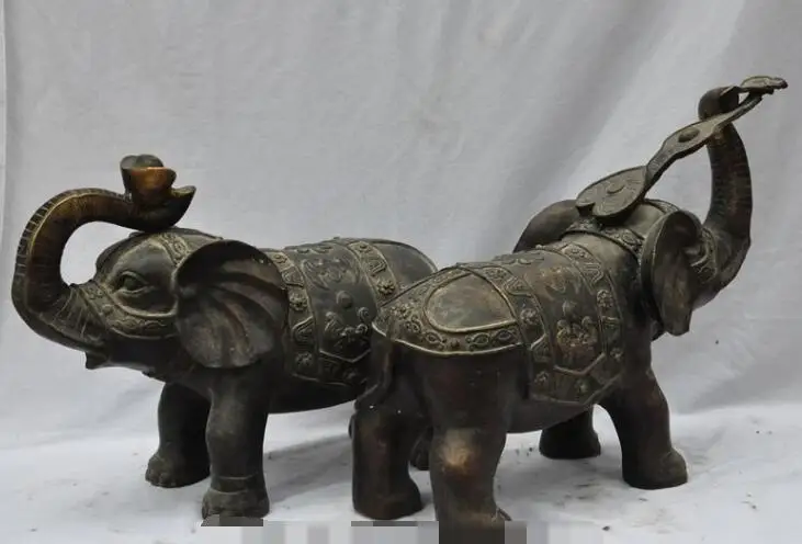 

Free shipping S00458 20"China FengShui Bronze wealth bat yuanbao ruyi elephant Heffalump Statue Pair