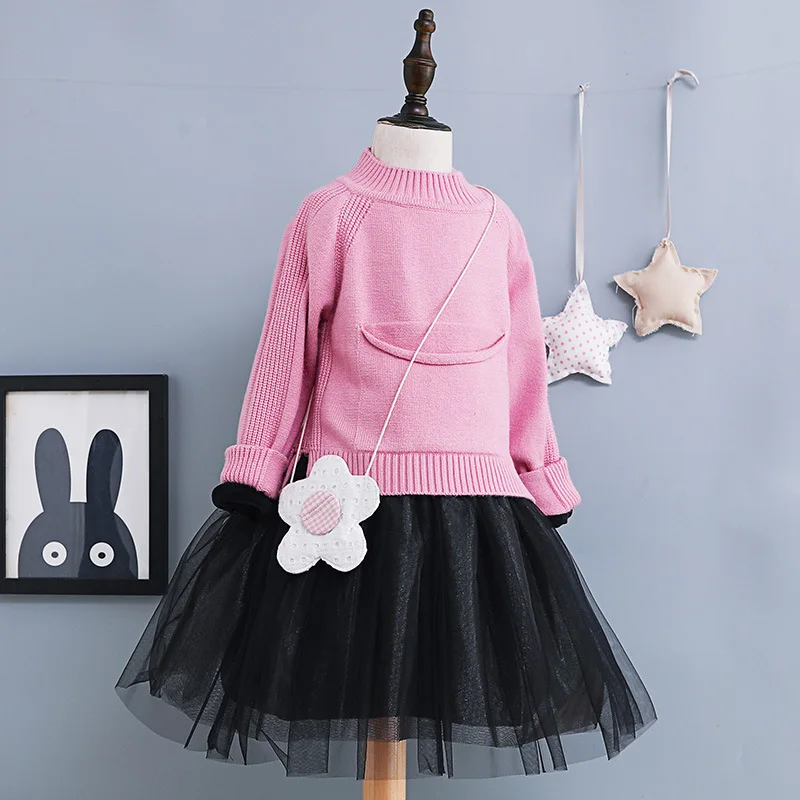 winter thick warm knit tulle 2 pcs set dresses age 3 - 12 yrs baby girls long-sleeve dress+sweater party frocks for little | Детская