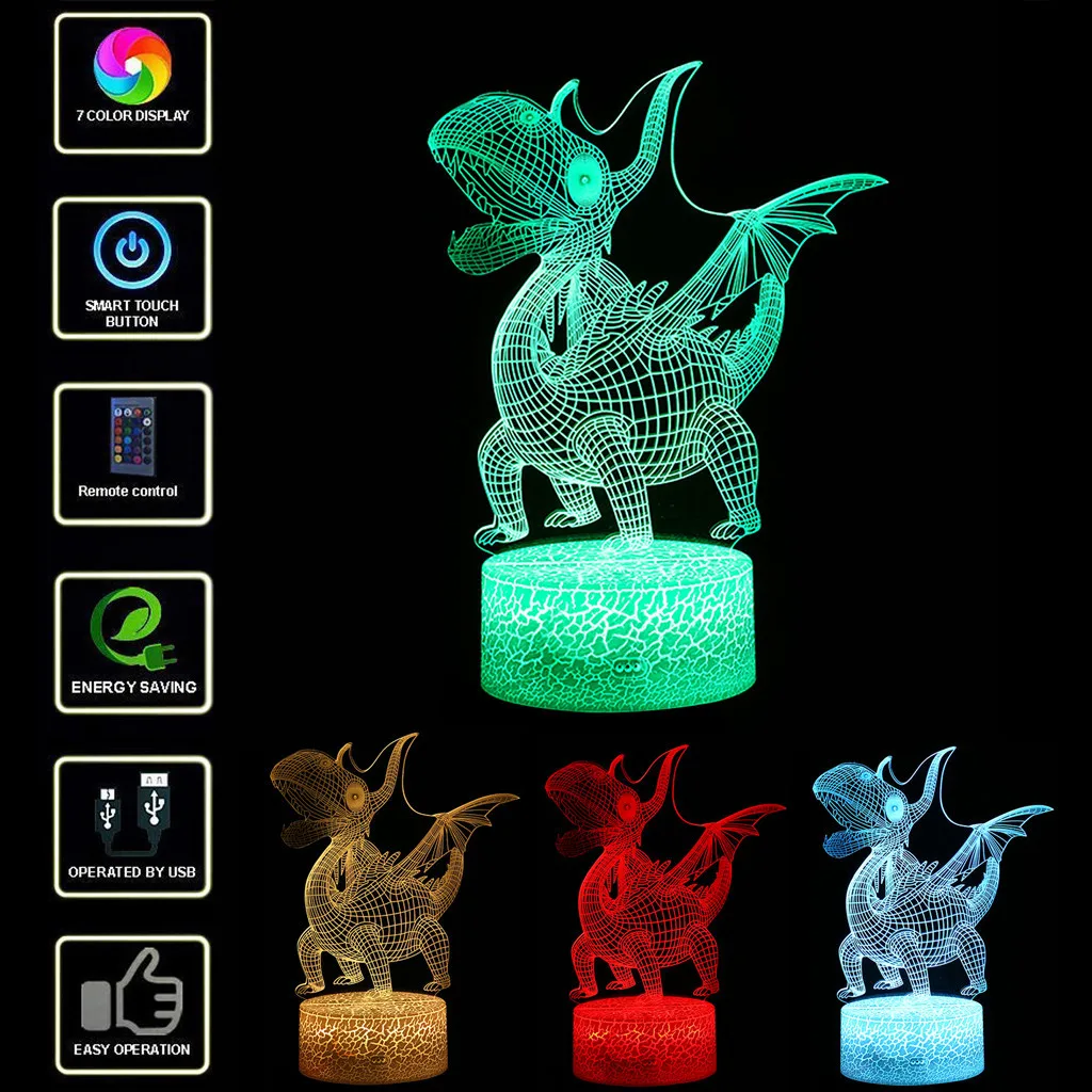 СВЕТОДИОДНЫЙ 3D ночник с подсветкой Иллюзия свет настольная USB 3D визуальная лампа в виде динозавра 7 цветов Изменение подарки 3D светильники для детей