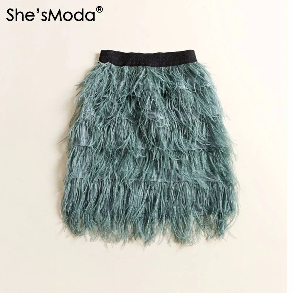 She'smoda страуса Перо замша подкладка Для женщин свадьбу прямо до колен Длина юбка