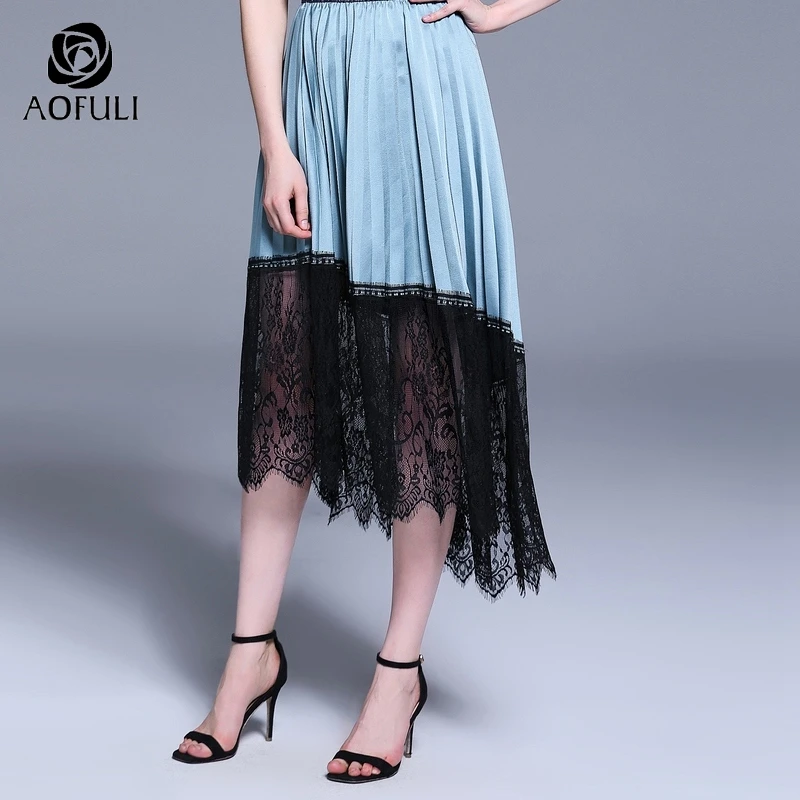 AOFULI L ~ 4XL 5XL большой размер плиссированная юбка волнистая Цветочная кружевная
