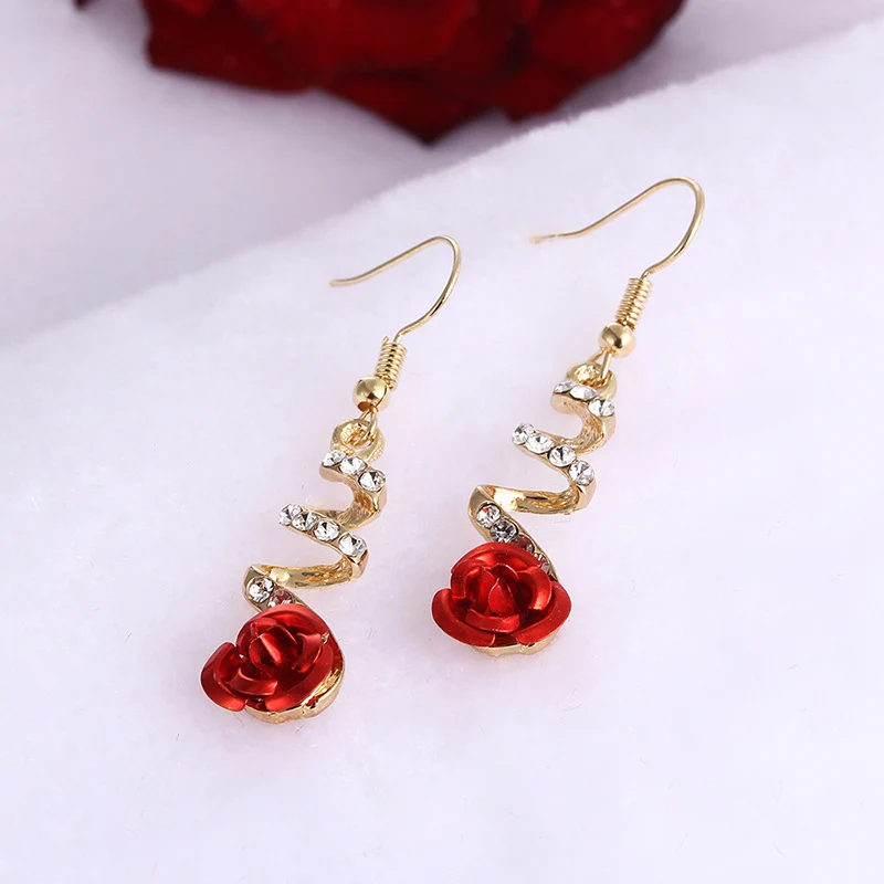 

2019 Fashion Jewelry Ethnic Red Rose Drop Earrings Big Rhinestone Earrings Vintage For Women Rose Gold Spiral Dangle Earring