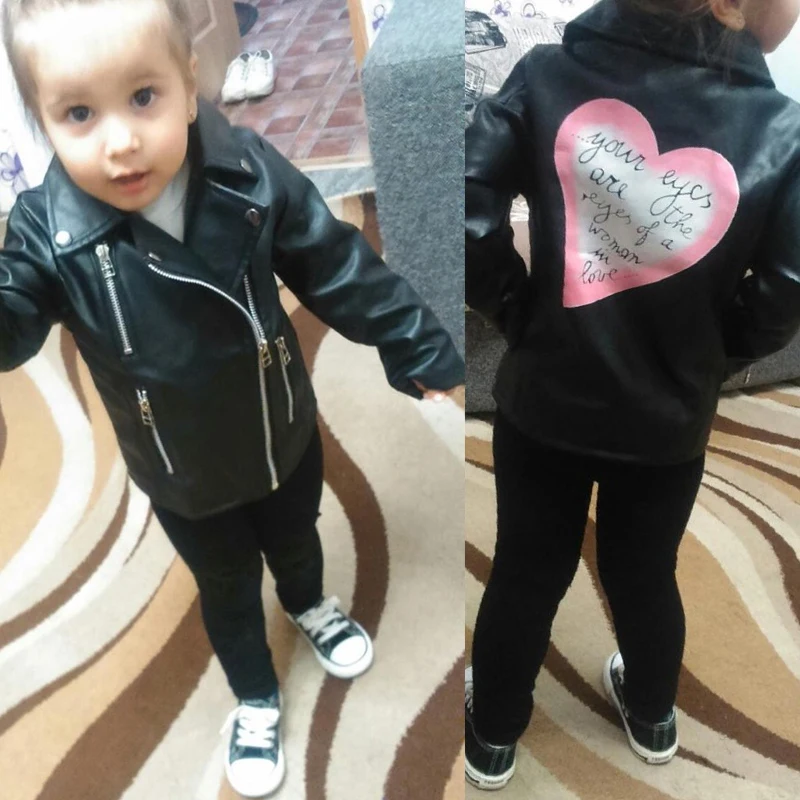 Girls motorcycle leather coat children PU jacket 2-7 year old Printed love letter all match tops for kids fashion hot | Детская одежда