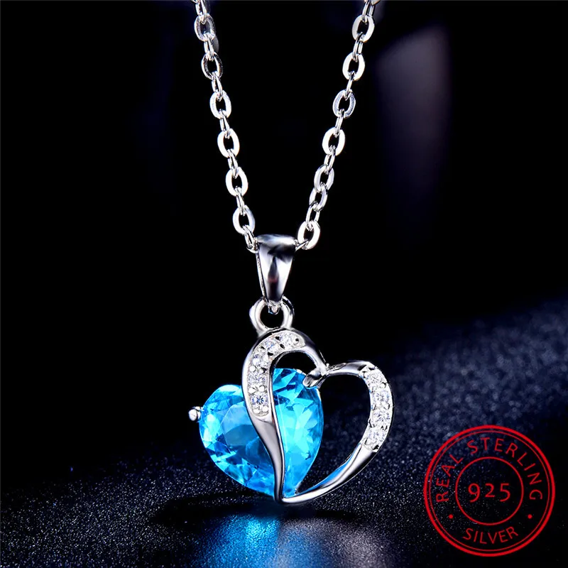Female Austrian Crystal Heart Pendant Necklaces For Women 925 Sterling Silver Necklace Aquamarine Blue Green Stone Bride Jewelry | Украшения