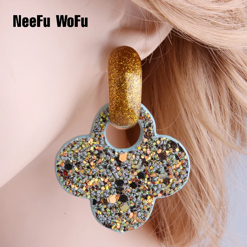 Большие серьги NeeFuWoFu в форме клевера висячие из цинкового сплава большие длинные