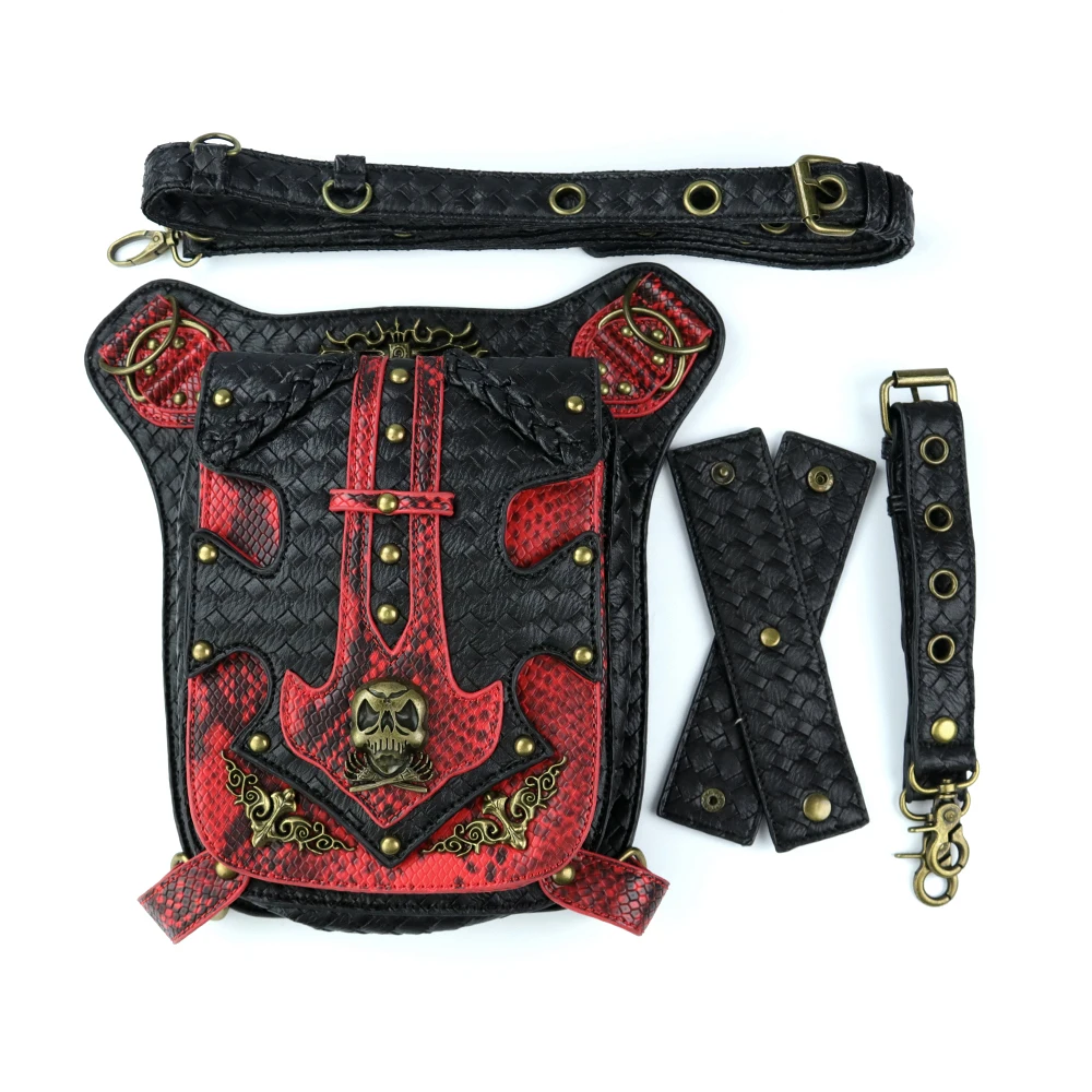 

Red Serpentine Waist Bags Vintage New Pattern Patchwork Fanny Pack Bronze Skull Rivet Leather Leg Bag