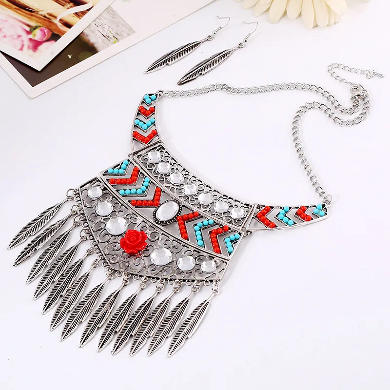 LZHLQ богемский Комплект ожерелье и серьги Макси чокер листья кисточки колье