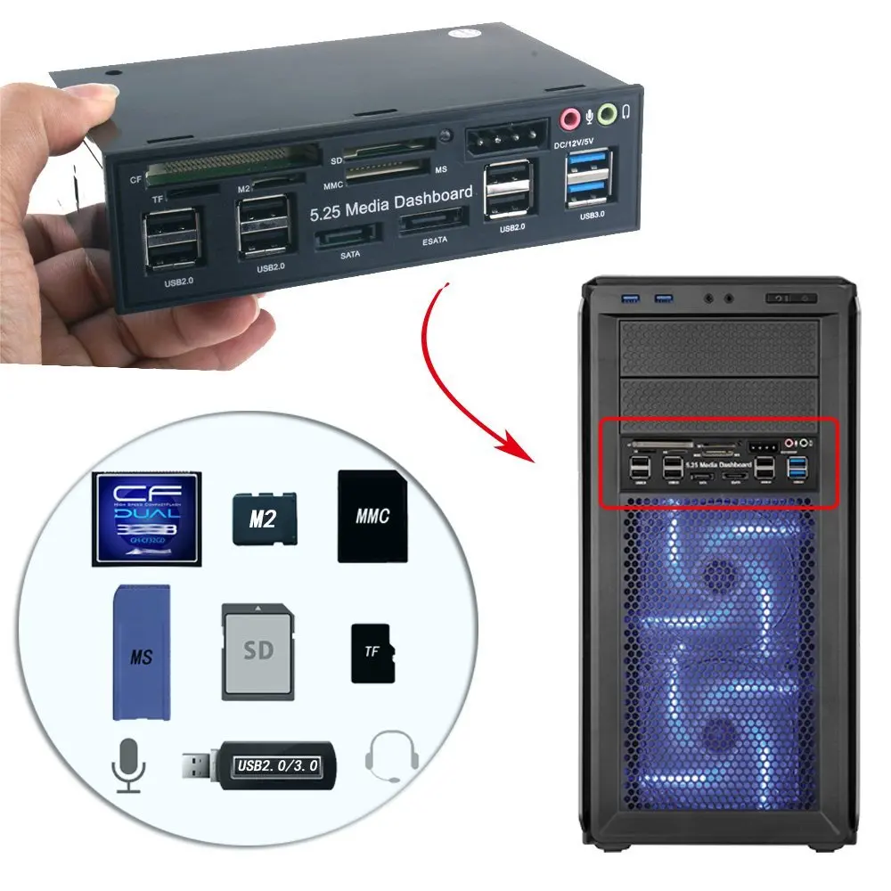 Медиа приборная панель для ПК 5 25 дюйма передняя аудио с SATA eSATA 2 x USB 3 0 и 6