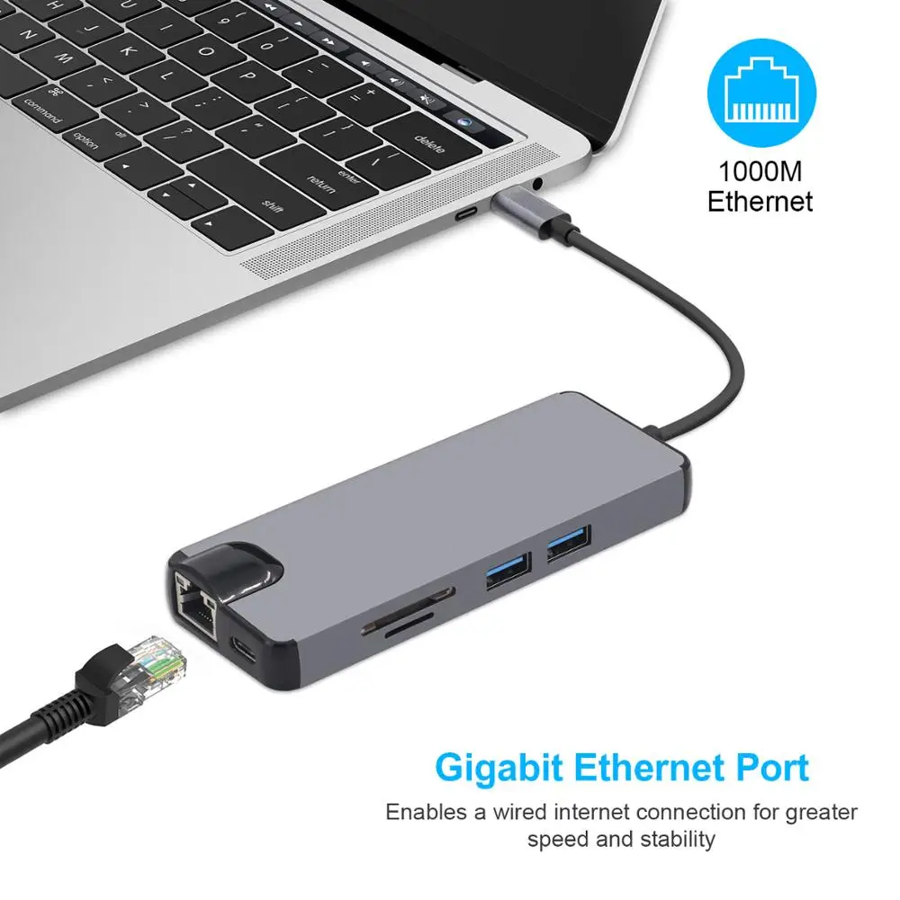 8 в 1 кабель Переходник USB C на HDMI концентратор 4 K видео RJ45 Gigabit Ethernet адаптер VGA SD TF Card