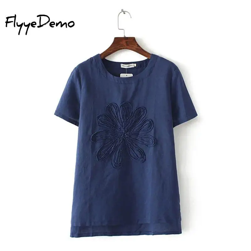 Женская футболка с коротким рукавом из хлопка и льна 3D цветочной вышивкой K002 лето