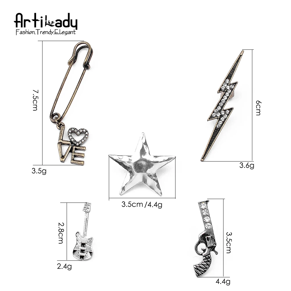 Artilady брошь в стиле панк булавки Винтаж пистолет молния Звезда Броши для женщин
