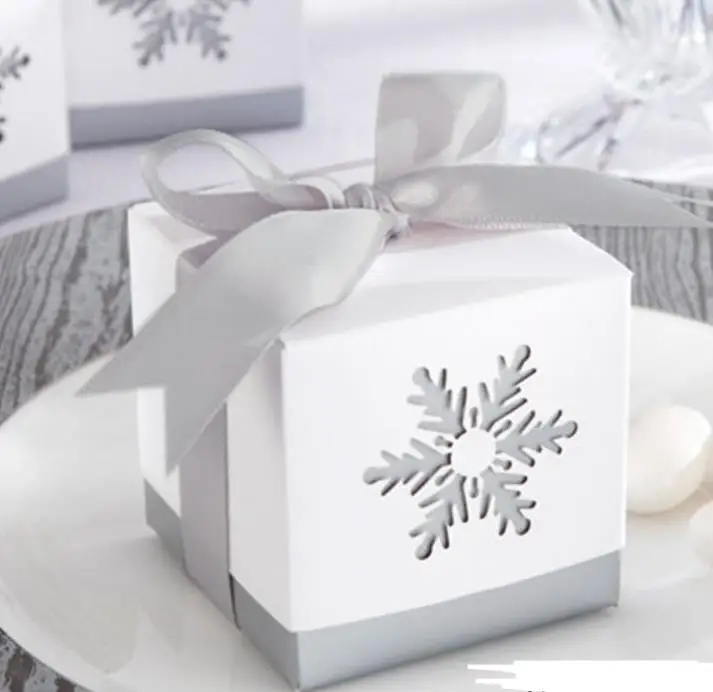 

Snowflake candy box birthday wedding party square hollow favor boxes with grey ribbon bow present gift wrap