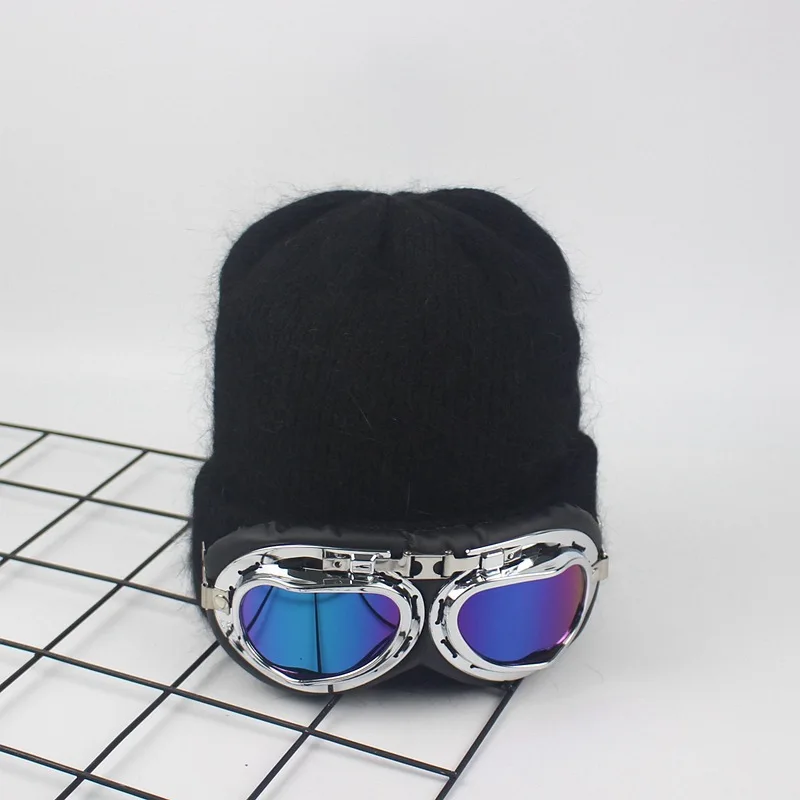 Новинка, женская зимняя шапка, толстая, двухслойная, кашемировая, Skullies, женская шапка с крутыми солнцезащитными очками, теплая, кроличий мех, вязаная шапка