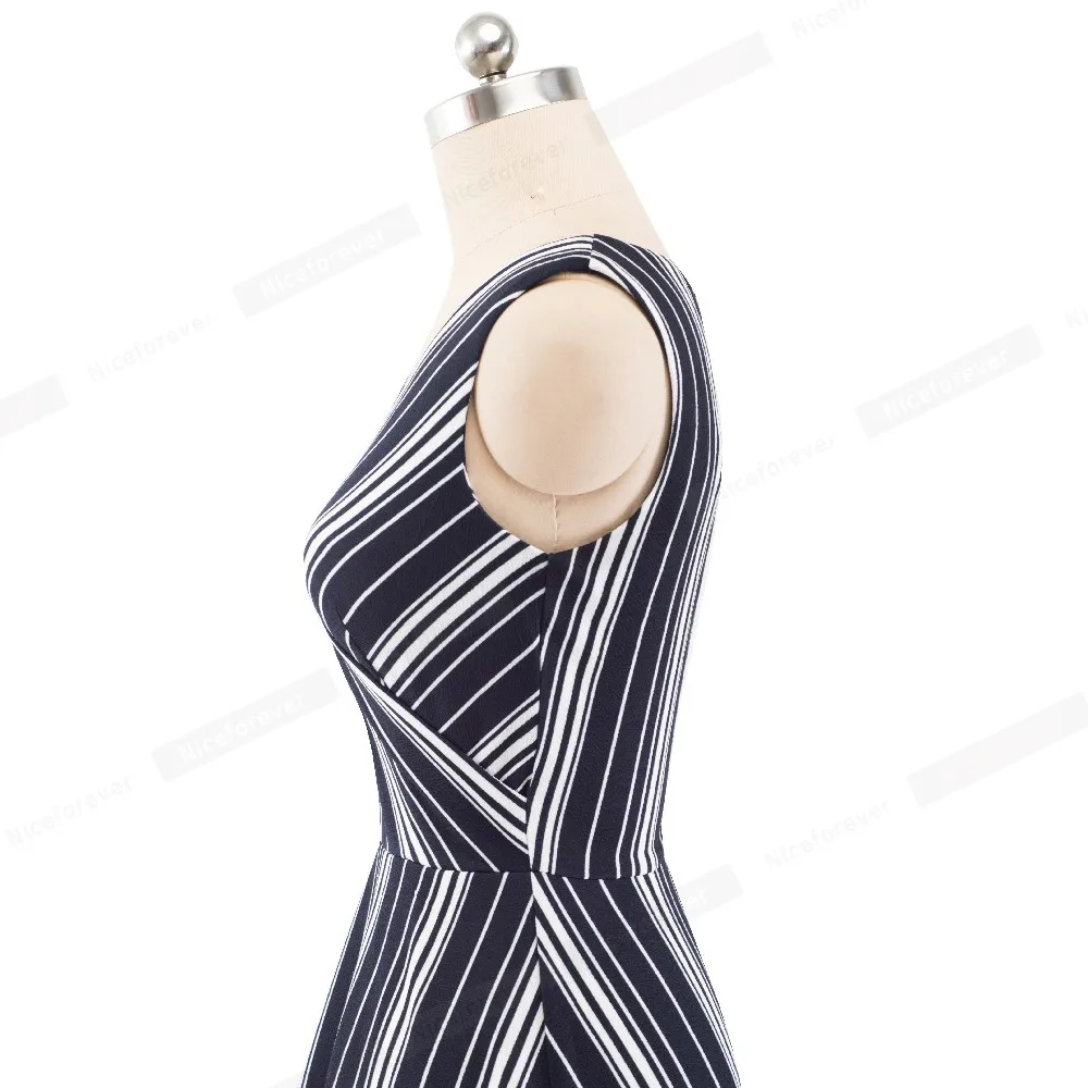 Nice-forever Винтаж полосы печатных сексуальный v-образный вырез кинозвезды vestidos