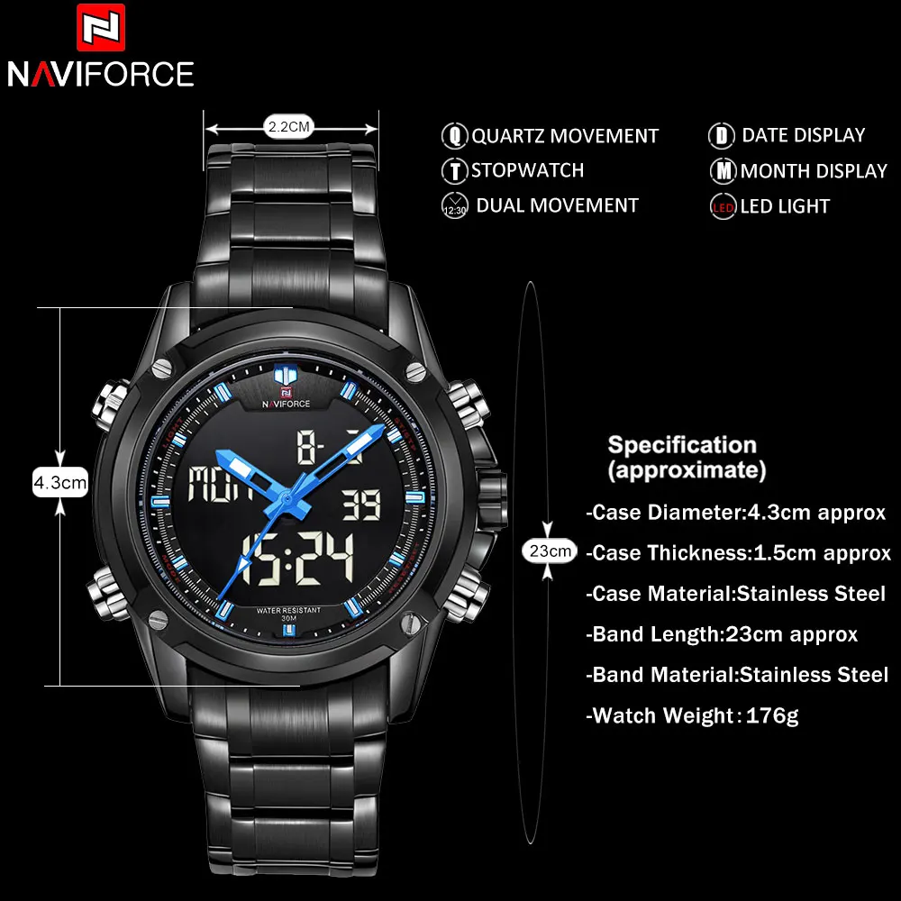 Бренд NAVIFORCE мужские спортивные часы водонепроницаемые кварцевые 30 м нержавеющая