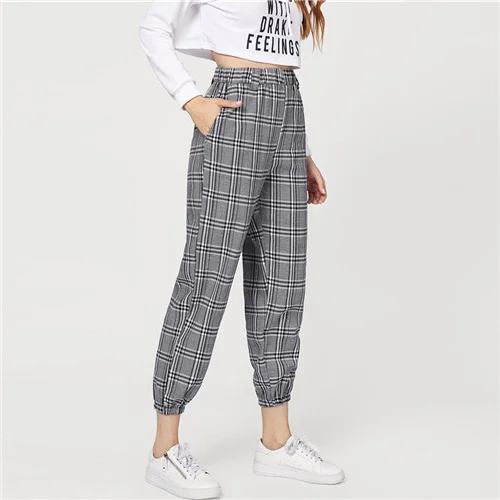 Dotfashion/серые клетчатые штаны с карманами и эластичной талией для женщин; повседневные брюки; коллекция года; Осенняя модная одежда для женщин; брюки в Корейском стиле - Цвет: Серый