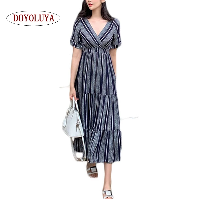 [DOYOLUYA] Boho Макси платье короткий рукав полосатый вечерние летние Сарафан для пляжа
