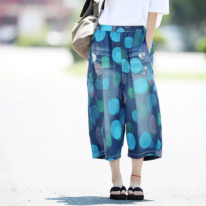 Винтажные богемные джинсовые брюки в горошек стиле Харадзюку хлопковые