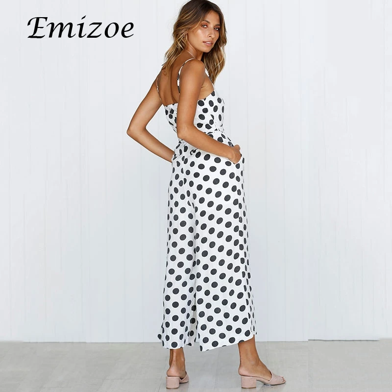 Emizoe 2018 summer elegant polda dot jumpsuit rompers women bodycon strap long streetwear female overalls jumpsuits | Женская одежда