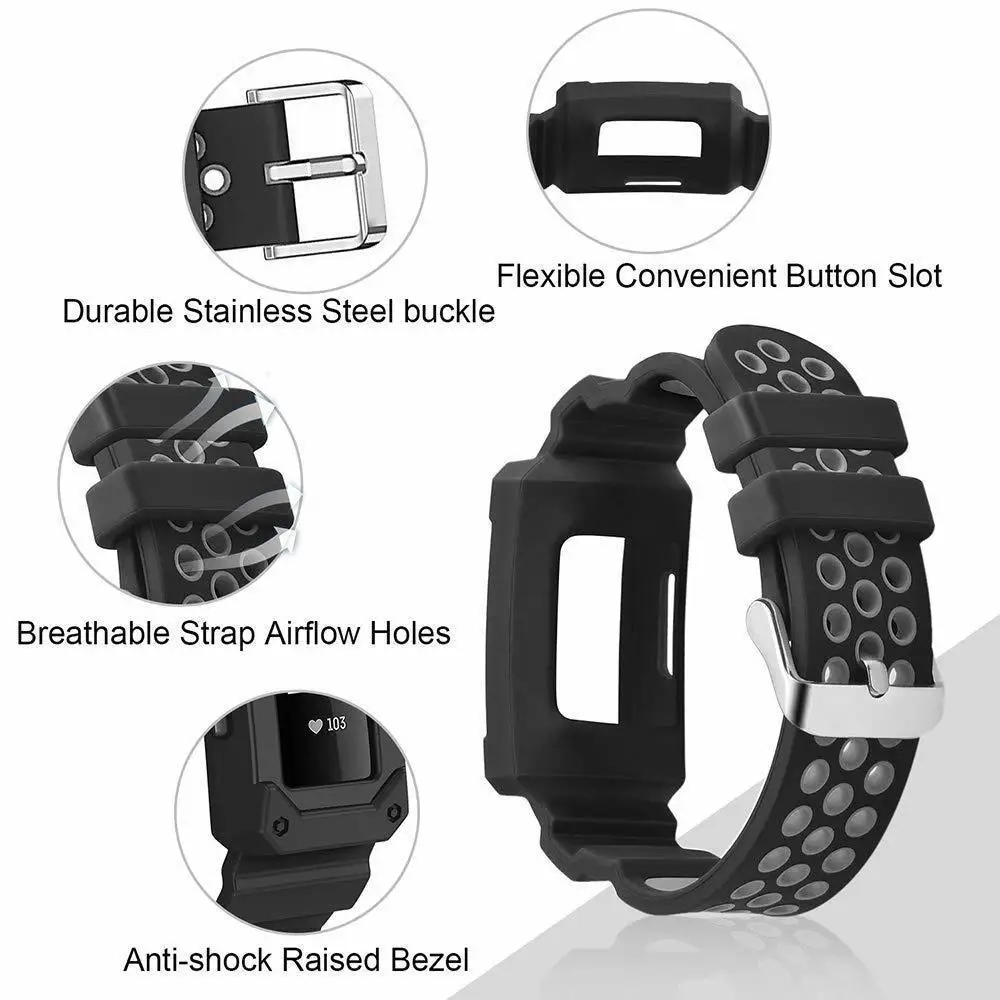 Duszake Band для Fitbit Charge 3 с чехлом силиконовые дышащие полосы с противоударной защитной рамкой бампера