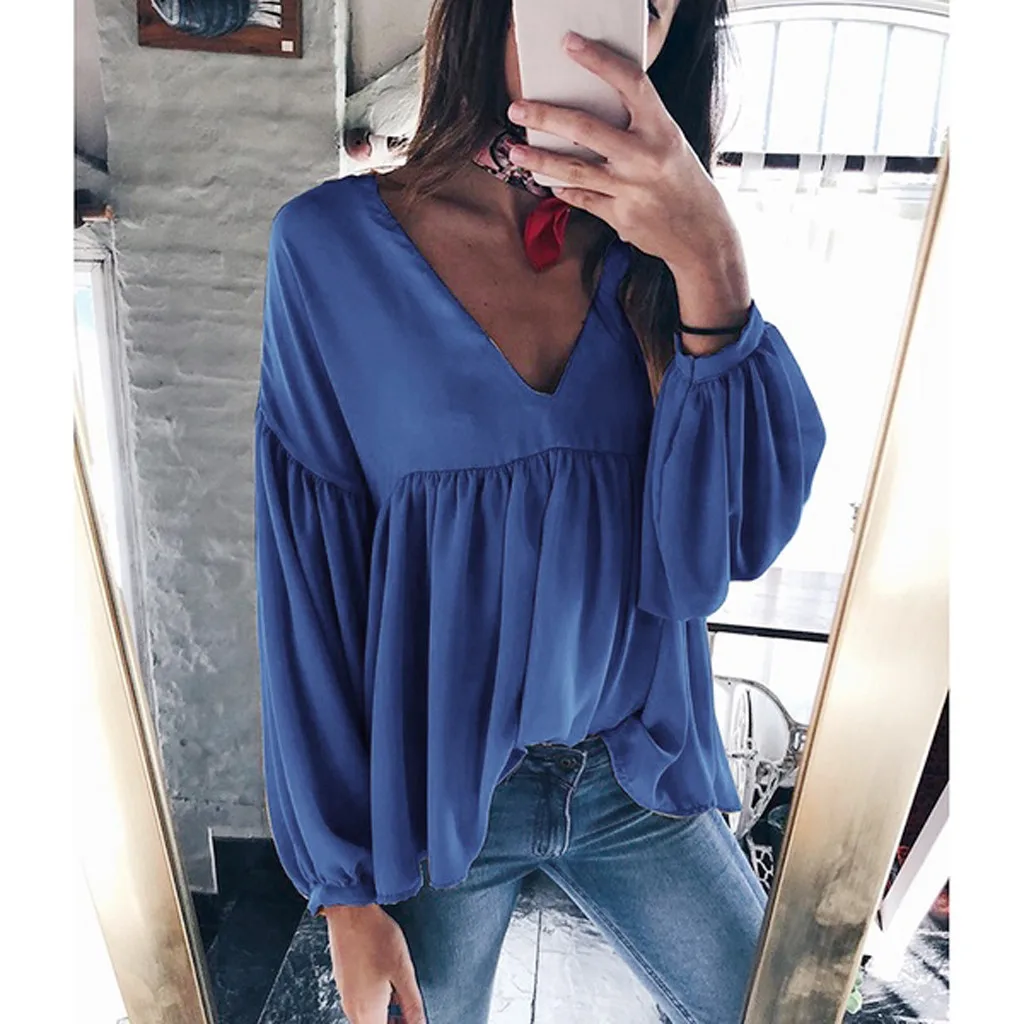 Рубашка с v-образным вырезом и длинным рукавом Женская плиссированная хлопковая