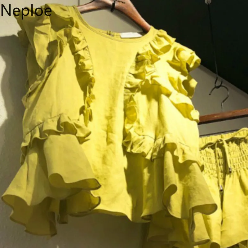 Neploe/летний комплект из 2 предметов, женская футболка без рукавов с оборками, эластичная юбка, шорты, комплекты, корейские свободные спортивные костюмы, женская одежда