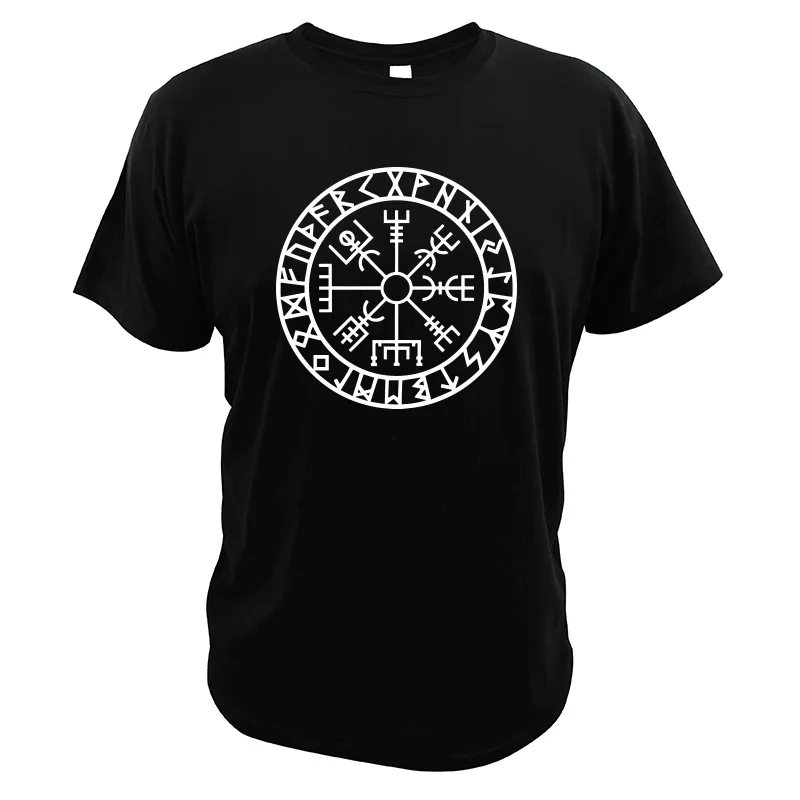 Футболка викинга исландский Vegvisir компас Рунический амулет футболка Повседневная вырез лодочкой Camisetas европейский размер хлопок топы - Цвет: Черный