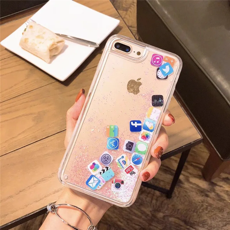 Flashing Dynamic Liquid Quicksand Back Case for iPhone X 8 7 6 6S Plus Transparent TPU Application Icons Phone Cute Cover |