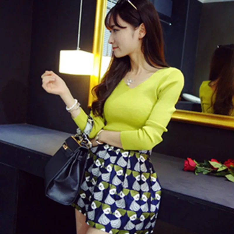 UHYTGF Autumn Woman Sweater Korean Fashion Long sleeve V-Neck Sexy Ladies Knit Pullover Female Sueter Mujer 563 | Женская одежда
