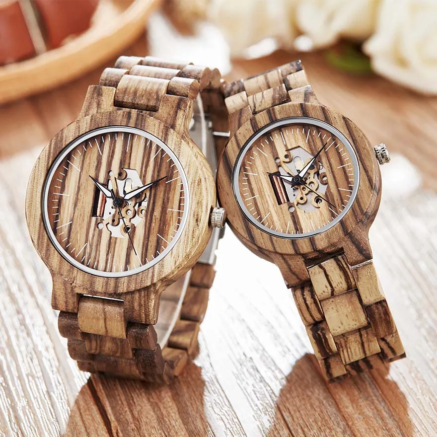 2pcs couple watch Креативные деревянные парные механические часы для мужчин и женщин, деревянный ремешок, наручные часы, деревянные часы, самовзводные часы, reloj de mujer de mader, мужские часы - Цвет: 2pcs couple watch
