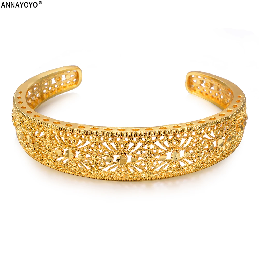 

ANNAYOYO 1pcs Ethnic Gold Colour Copper Bangle For Women Dubai Hollow Bridal Bracelet Party Christmas Jewelry Gifts Open Bangle