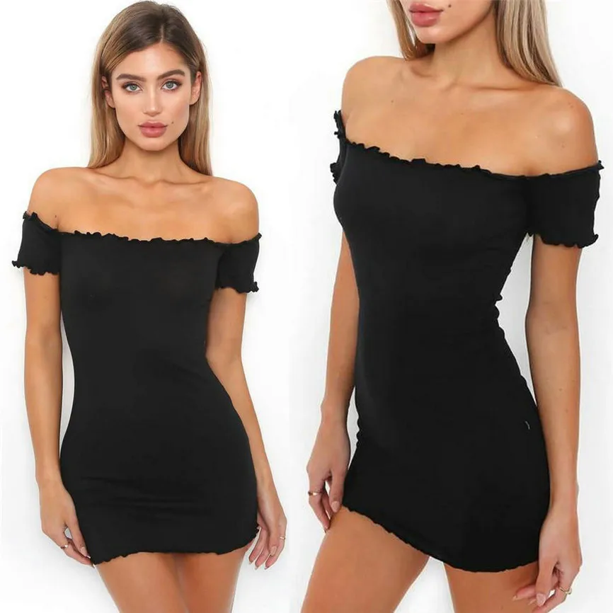 Summer Women Off Shoulder Mini Dress Ladies Short Sleeve Crimping Party 2019 Evening | Женская одежда