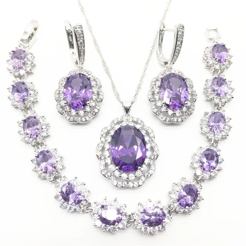 925 Silver Bridal Jewelry Purple Zircon Sets For Women Wedding Earrings/Pendant/Necklace/Rings/Bracelet | Украшения и аксессуары