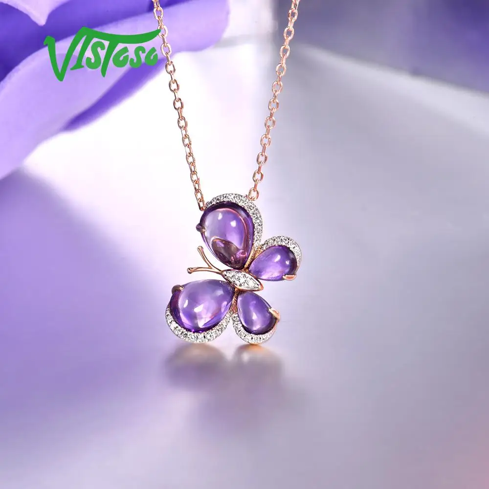 VISTOSO 14 K 585 роза подвеска в виде золотой бабочки для женщин limpid Аметист Блестящий