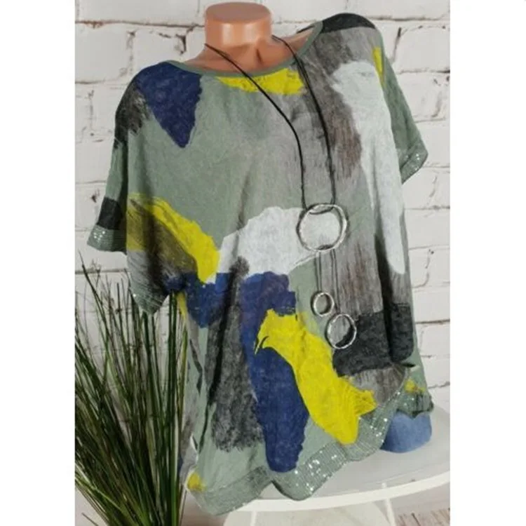 Рубашка женская повседневная с круглым вырезом из хлопка и льна модным принтом