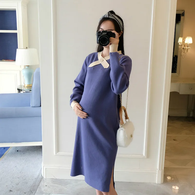 Модные элегантные платья для беременных с длинным рукавом осенние вязаные