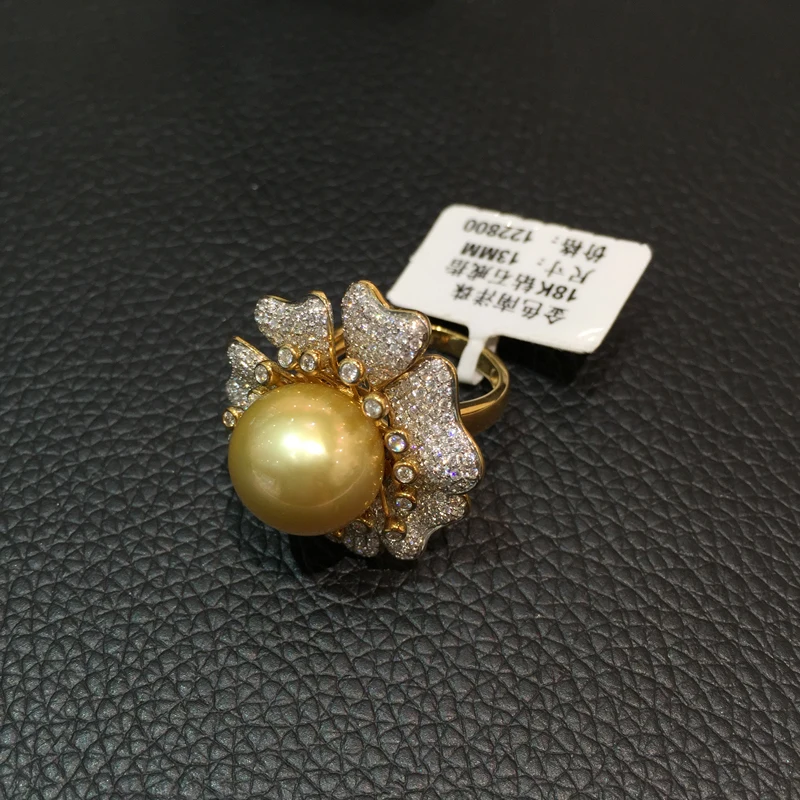 12.5-13MM natural gold pearl ring 18K with diamond flower big southsea jewelry cocktail free shipping | Украшения и аксессуары