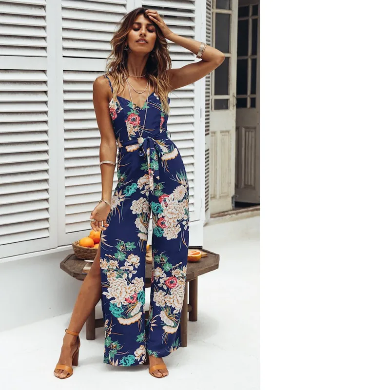 Женский свободный комбинезон с принтом пикантный на бретельках V-образным